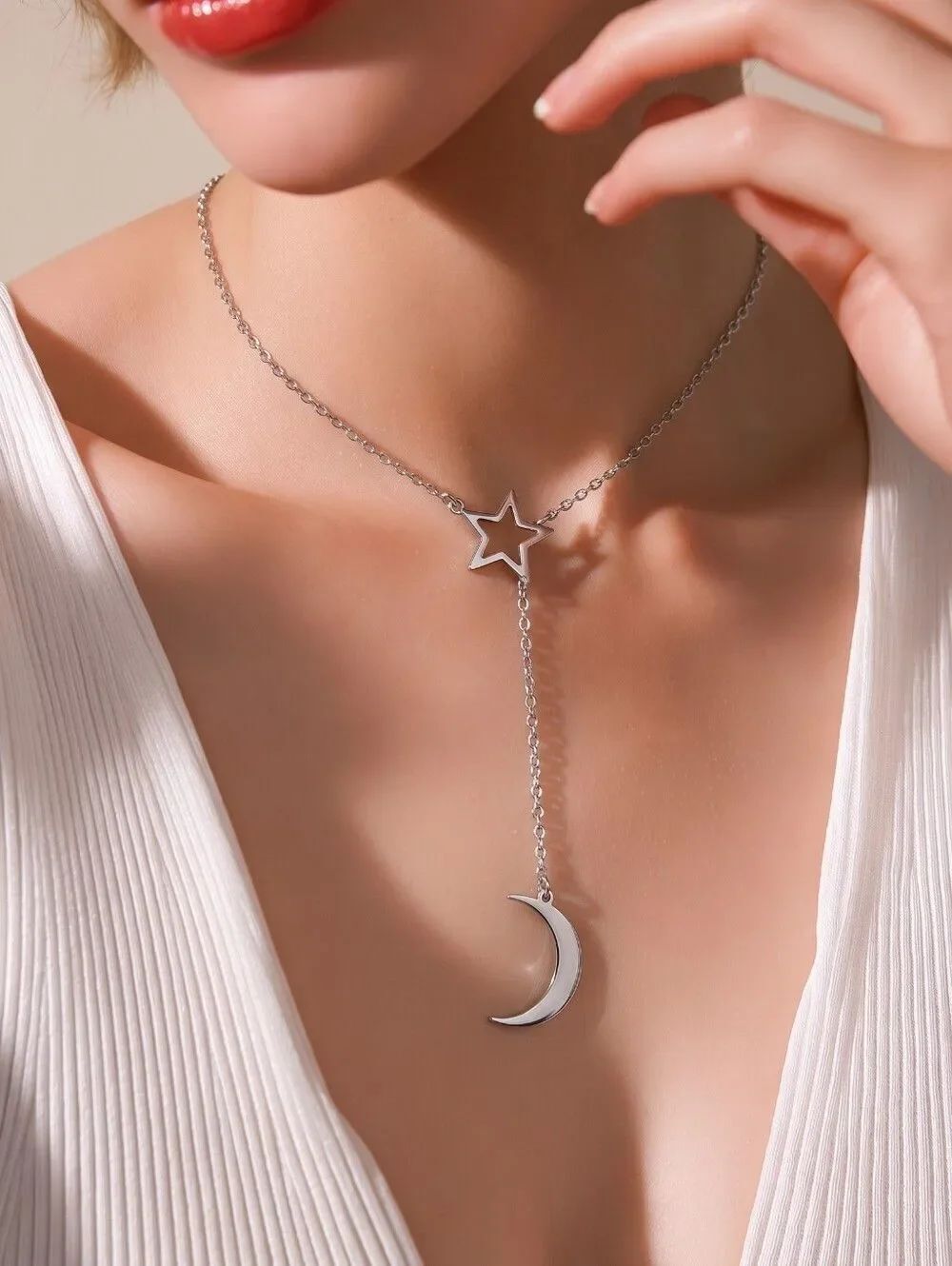 Star Moon Lariat Necklace Stainless Steel Celestial Minimal Tassel Romantic Chic